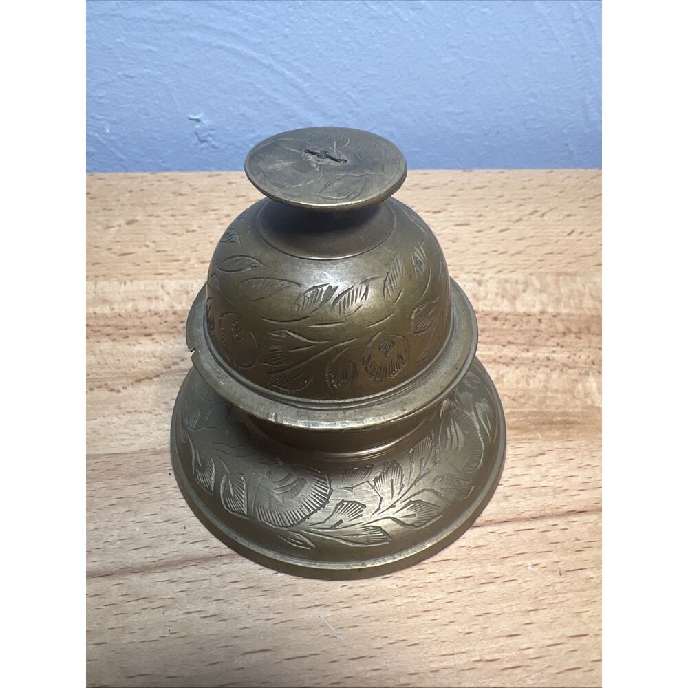 VTG Ornate Engraved Etched Brass Claw Temple Bell Paperweight Desk Decor